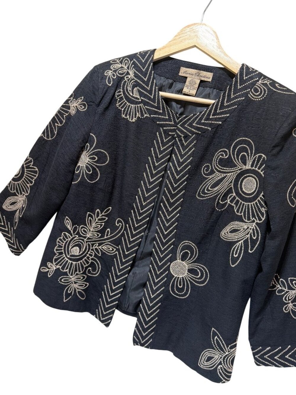 Marisa Christina Black Embroidered Silk Blend Open Front Jacket S Floral Design
